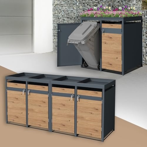 ML-Design Mülltonnenbox 4er mit Pflanzdach für 4 Tonnen, 240L 264x80x124 cm, Eiche-Optik, Stahl, wetterfest, Abschließbare Mülltonnenverkleidung mit Tür, Müllbox Mülltonnecontainer Mülltonnenabdeckung