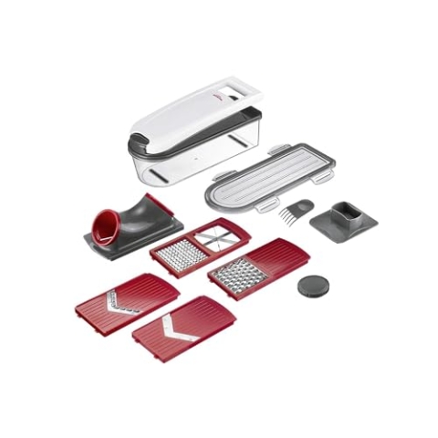 Westmark Multischneider/Gemüseschneider/-würfler mit Deckel, Auffangbehälter und 5 Schneideinsätzen, 12-tlg., Rostfreier Edelstahl/Kunststoff, Dicer Star Plus, Weiß/Transparent/Rot, 97112260