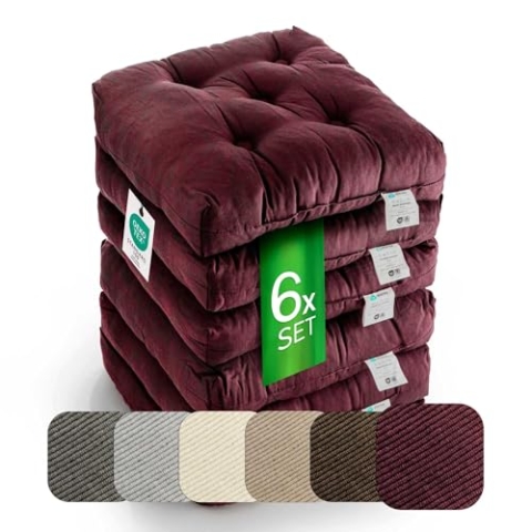 etérea Sitzkissen 42x42 cm 6er Set - Bordeaux 8 cm hoch - Bodenkissen für Indoor, Outdoor, Küche, Garten, Auflage - Heidi Stuhlauflage - 6 Stück Stuhlkissen 40x40 cm Bordeaux