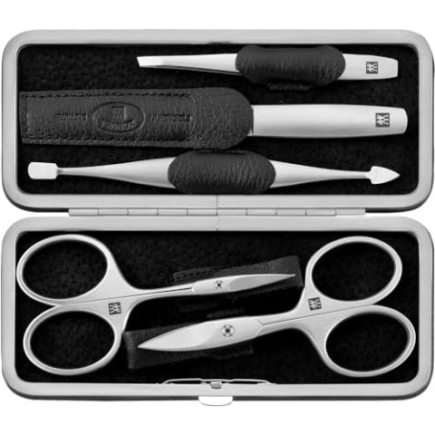 ZWILLING Maniküreset (5 Teilig, Echt Leder Etui, Metallrahmen, mit Nagelschere und Hautschere), Premium, Schwarz