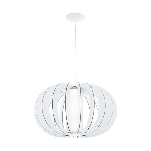 EGLO Pendelleuchte Stellato 2, 1 flammige Hängelampe Vintage, Hängeleuchte aus Stahl, Holz und Glas in Weiß, Esstischlampe, Wohnzimmerlampe hängend mit E27 Fassung, Ø 50 cm