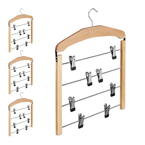 4 x Rockbügel mehrfach, Hosenbügel Holz, 360° drehbarer Haken, Kleiderbügel rutschfest, HBT 45,5x39x2,5 cm, Silber/Natur