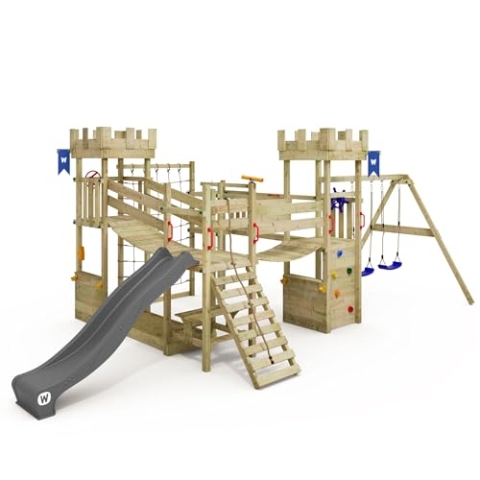 WICKEY Spielturm Ritterburg Smart Arch mit Schaukel & Anthraziter Rutsche, Outdoor Kinder Kletterturm mit Sandkasten, Leiter & Spiel-Zubehör für den Garten