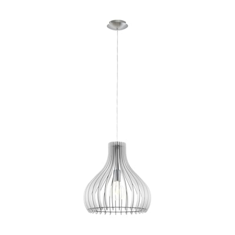 EGLO Pendelleuchte Tindori, 1 flammige Hängelampe Vintage, Hängeleuchte aus Stahl und Holz in Nickel-Matt, Weiß, Esstischlampe, Wohnzimmerlampe hängend mit E27 Fassung, Ø 38 cm