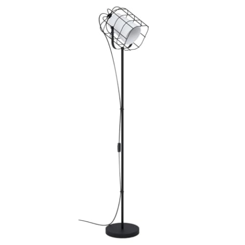 EGLO Stehlampe Bittams, 1 flammige Stehleuchte Vintage, Industrial, Standleuchte aus Stahl und Textil, Wohnzimmerlampe in Schwarz, Weiß, Lampe mit Schalter, E27 Fassung