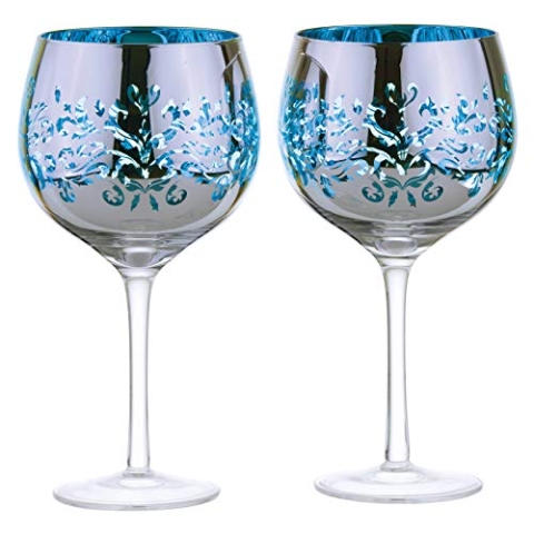 ARTLAND - 2er-Set filigrane Gin-Gläser - Blaue galvanisierte Gläser, verspiegelte Silberoberfläche, verpacktes Gin-Geschenkset