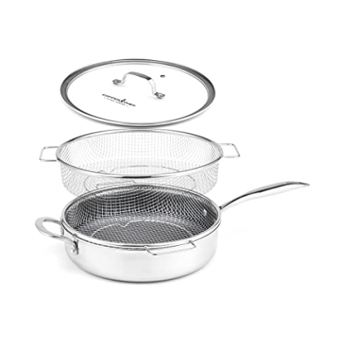 LIVINGTON Titan Pan Pfanne – beschichtete Edelstahl Pfanne 24cm mit Diamant-Antihaft-Veredelung – backofenfeste Hochrandpfanne für alle Herdarten - inkl. Frittierkorb