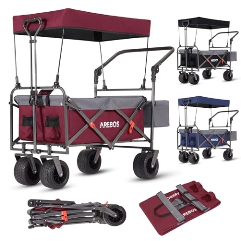 Arebos Bollerwagen faltbar mit Dach | Luxus Handwagen | Faltwagen | Transportwagen | XXL Tasche | klappbar | bis 100 kg | Gerätewagen | 360° Vorderräder | Rot