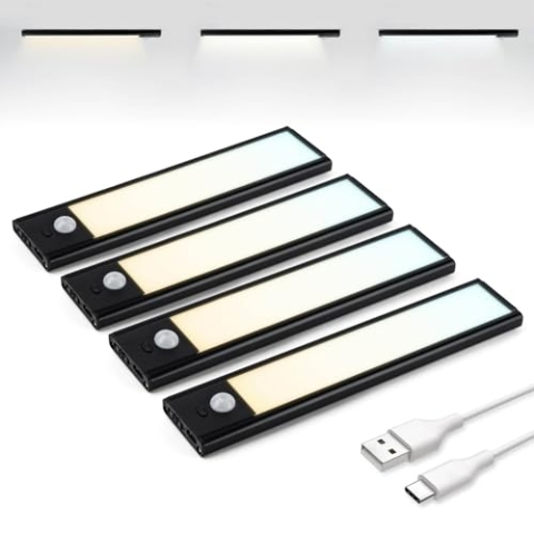 Brendz Schranklicht mit Bewegungsmelder, Kleiderschrank Beleuchtung, 4 x 20cm, 3 Farbtemperaturen, Aufladbar, Dimmbare Schrankbeleuchtung, Led Lichtleiste Kabellos, Schwarz