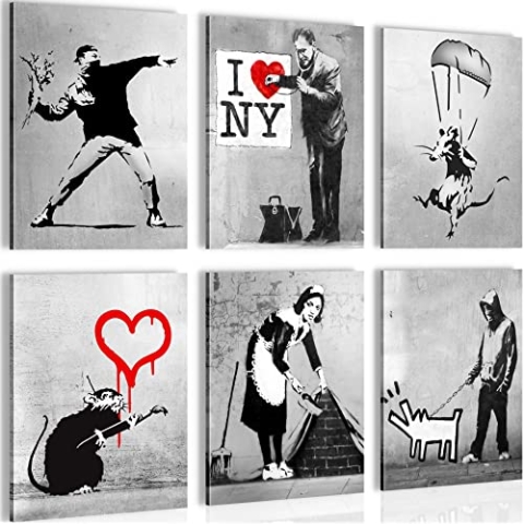 Novart Wandbilder - KEIN EXTRA RAHMEN BENÖTIGT - Wohnzimmer Büro Loft - Bilder Modern Banksy Collage - Street Art - N003265b