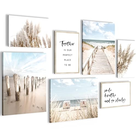 Novart Wandbilder Strand Meer Boho - KOMPLETT AUFHÄNGFERTIG - Blau Beige Wohnzimmer Schlafzimmer - 7 Moderne Mood-Bilder - N007871a