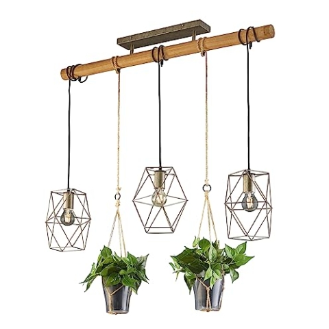 Trio Leuchten Pendelleuchte Plant 301000367, Metall Nickel antik, Holz, Sisal, exkl. 3x E27