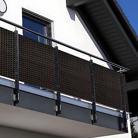 NYVI Polyrattan Balkon Sichtschutz Privafence 90x500 cm Dunkelbraun - Balkonbespannung mit Metallösen - UV-fest, Witterungsbeständig, 100% Blickdicht - Balkonumspannung Balkonumrandung 0.9x5 cm