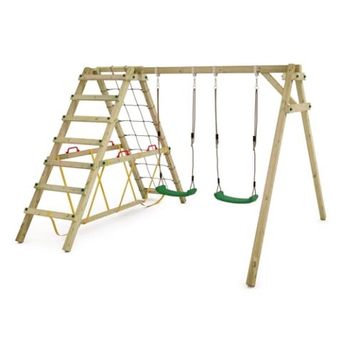 WICKEY Kinderschaukel Schaukelgestell Smart Hike grün - Schaukel & SurfSwing, Schaukelgerüst, Doppelschaukel, Holzschaukel mit Kletteranbau für Kinder im Garten