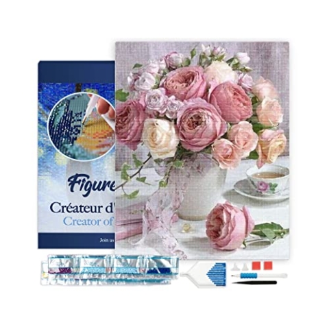Figured'Art Diamond Painting Erwachsene 40x50cm Mit Rahmen Ganze Leinwand gespannt Rosenstrauß 5D Bilder Eckige Steine - DIY Set Basteln
