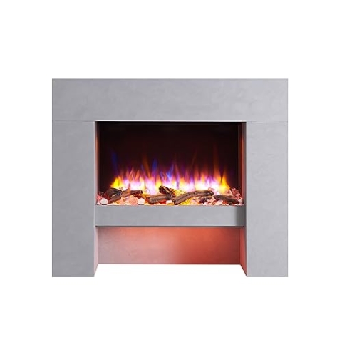 BALDERIA Elektrokamin Naran | Standkamin, LED 3D-Flammeneffekt, LED-Ambientebeleuchtung, Kamin mit Heizung, 2000W Leistung, Timer, Thermostat, Startsteuerung Fernbedienung | Betongrau