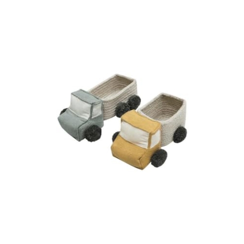 2 Kinderkörbe in Form von Lastwagen - blau und gelb - 8 x 14 x 21 cm und 8 x 14 x 24 cm