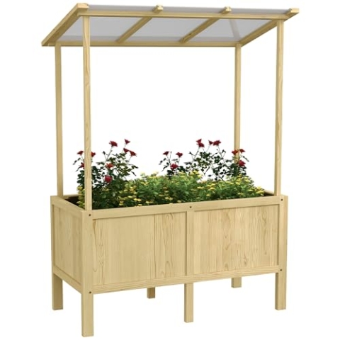Outsunny Hochbeet aus Holz, Frühbeet mit Deckel, Pflanzkasten mit Vliesstoff, Blumenkasten Kräuterbeet für Garten, Balkon, 110 x 60 x 152 cm, Natur