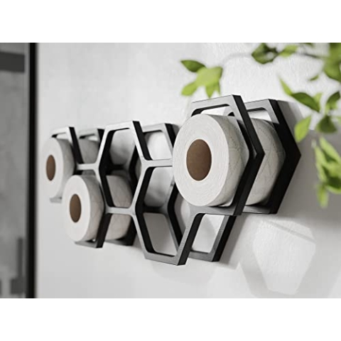 Toilet roll Holder Bathroom Shelf Bathroom Decor Toilet Paper Shelf Wooden Holder for Toilet Paper Honeycomb (Black)
