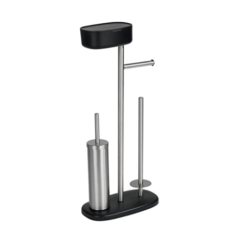 WENKO Stand WC-Garnitur mit Box Rivazza, mit integriertem Toilettenpapierhalter, WC-Bürstenhalter, Ersatzrollenhalter und Ablagebox, rostfreier Edelstahl/Kunststoff, 17 x 72,5 x 32 cm, Schwarz