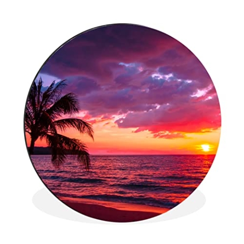 MuchoWow Wandbild Rund Wanddeko Deko Wohnzimmer Bilder 90x90 cm Sonne - Horizont - Rosa - Palme - Meer