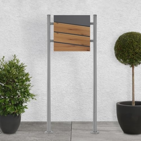 ECD Germany Standbriefkasten mit Zeitungsfach, Design Briefkasten mit Pfosten, Briefkastenanlage, Briefkastenständer Silber metallic 120 cm aus Edelstahl, Postkasten Anthrazit-Holzoptik aus Stahl