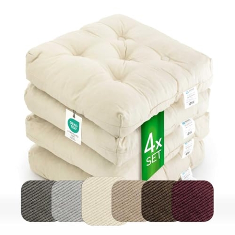 etérea Sitzkissen 42x42 cm 4er Set - Creme 8 cm hoch - Bodenkissen für Indoor, Outdoor, Küche, Garten, Auflage - Heidi Stuhlauflage - 4 Stück Stuhlkissen 40x40 cm Creme