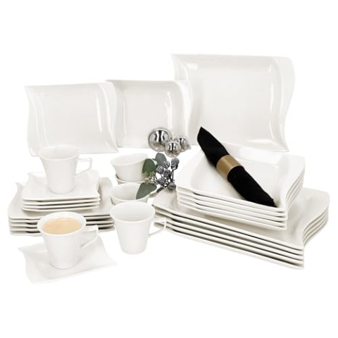 MamboCat Ivory 30tlg Kombiservice I elfenbeinweißes Porzellan-Geschirrset für 6 Personen I Je 6x Tassen 120ml, Untertassen, Kuchenteller, Suppenteller 300ml & Speiseteller