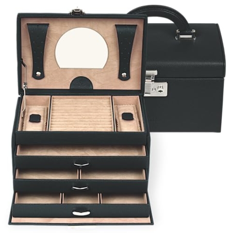 Windrose Schmuckkoffer Beluga/schwarz (Leder) - Hochwertige Handarbeit - Breite 24,5 cm - Leder