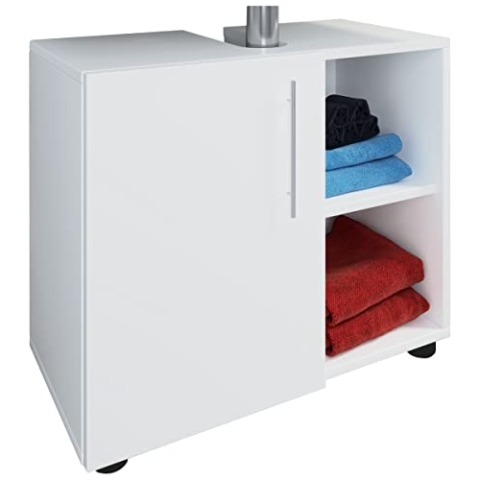 VCM Holz Waschbeckenunterschrank | Badschrank | Maße: H. 51 x B. 60 x T. 30 cm | 1 Drehtür | 2 offene Regalfächer | modernes Badezimmermöbel - Flandu LLL Weiß