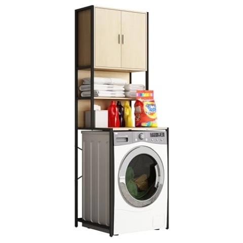 VCM Metall Überbauschrank | Waschmaschine | Maße: 189 x B. 64 x T. 48 cm | Seitenteile aus Metall | Korpus und Rückwand aus Holz | 1 große und 2 kleine Ablagen | 2 Drehtüren - Edino Honig-Eiche