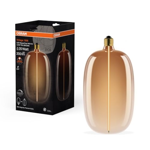 Osram Vintage 1906 Big Elipse Oval ist ein dimmbares Ellipsen-Filament, es bietet 4,8 W für 200 Lumen, E27, Teebraunglas, Durchmesser 145 mm, CRI 80, 1800 K.