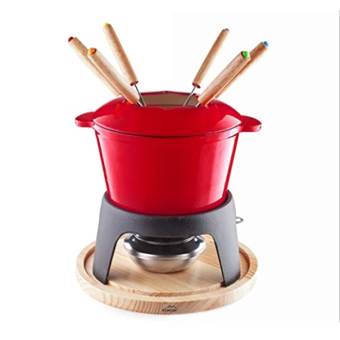 Lacor - 71711 - Fondue-Set aus emailliertem Eisen, Eisenständer mit Holzsockel, induktionsgeeignet, 6 Sehnen, Ø 16,5 x 10 cm (1,7 Liter), Rot