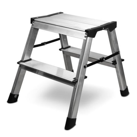siwitec Trittleiter 2 x 2 Stufen, Alu Klapptritt, leichte Aluminium Leiter beidseitig begehbar, Haushaltsleiter bis 150 kg belastbar, Stufenleiter TÜV Zertifiziert