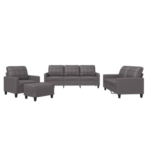 vidaXL Sofagarnitur 4-TLG., Sessel Couch mit Kissen Fußhocker, Sofa Wohnzimmersofa mit Armlehnen, Couchgarnitur Designsofa Sitzmöbel Polstermöbel, Grau Kunstleder