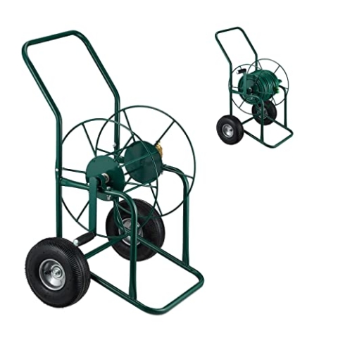 Relaxdays Schlauchwagen, bis 80 m, 2 Lufträder, Klickkupplung, Schlauchtrommel Metall, Schlauchabroller Garten, grün