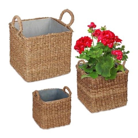 Relaxdays Plant Basket with zinc Tray, Set of 3 Pflanzkorb mit Zinkwanne 3er Set, Verschiedene Größen, Pflanzgefäß Seegras, Garten, Balkon, Kübel eckig, Natur, 70% Pflanzenfaser, 30% Metall