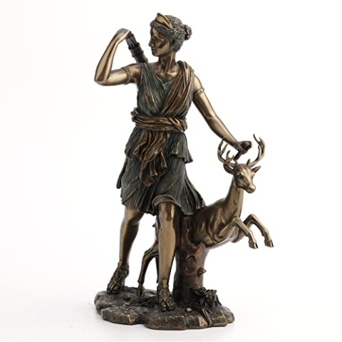 VERONESE Design Diana Griechische Göttin der Jagd, Mond und Natur Walking mit Deer Statue 27,9 cm Bronze, Rot, Grün
