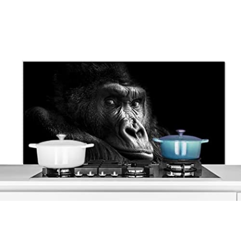 Spritzschutz Küche Küchenrückwand Alu Poster Bilder 120x60 cm Gorilla - Affe - Schwarz - Weiß - Porträt