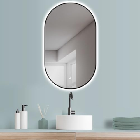 HOKO Design LED Lichtspiegel oval 45x75 cm / 75x45 cm Turin, Rahmen Matt Schwarz. HOCH+QUER Montage. Bad Wandspiegel LED beleuchtet + Touch Schalter + LED Licht Wechsel-Warmweiß-Kaltweiß-Neutral