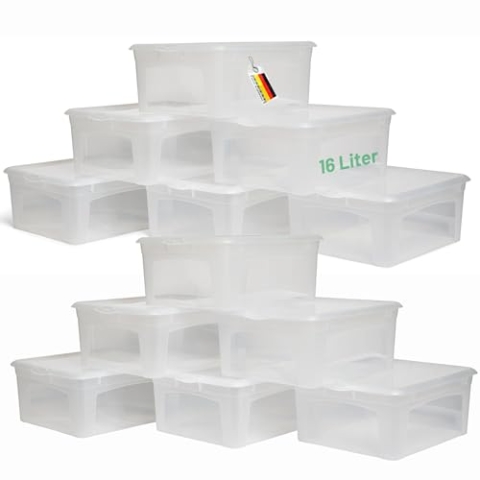 Novaliv 12x Aufbewahrungsboxen mit Deckel 16L transparente Boxen stapelbare Nestbar Storage boxes mit Clipverschluss Kunststoff BPA-frei 41x34x17 cm