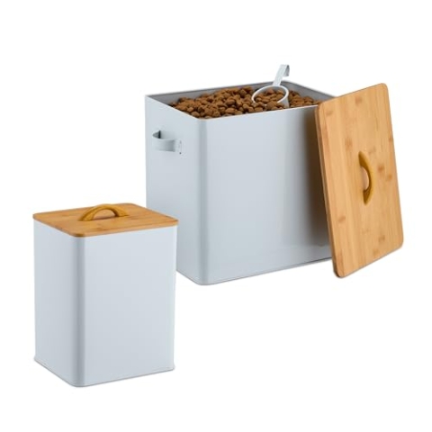 Relaxdays Futterbox, 2er Set, 2 Größen, mit Deckel & Löffel, Bambus, Eisen, Aufbewahrungsbox Trockenfutter, weiß/natur