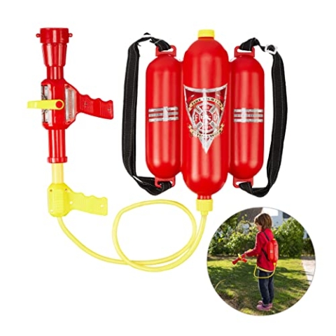 Relaxdays 10 x Feuerwehr Wasserspritze, 2,5 l Wassertank, 5 m Reichweite, 2 Sprühfunktionen, Löschrucksack Kinder, rot-gelb
