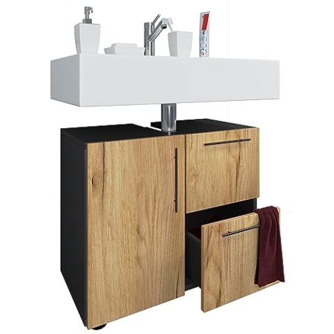 VCM Holz Waschbeckenunterschrank | Badschrank | Maße: H. 51 x B. 61 x T. 32 cm | 1 Drehtür | 2 große Schubladen | modernes Badezimmermöbel - Flandu Anthrazit/Honig-Eiche