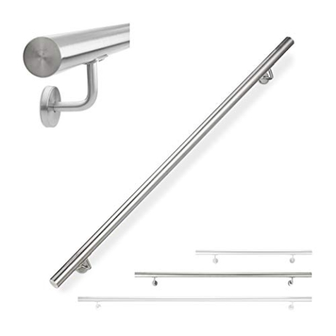 Relaxdays Handlauf, 304er Edelstahl, matt, rundes Treppengeländer, innen & außen, 150 cm, Ø 42 mm, mit Halterung, silber