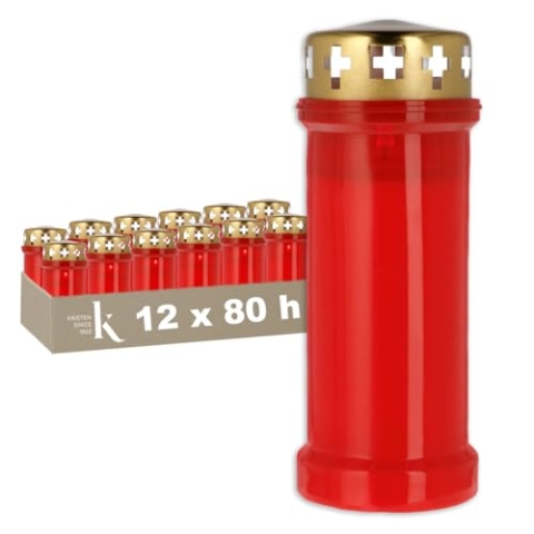 KRISTEN Traditionelles 6D-Grablicht für den Außenbereich – 80 Brennstunden – Rot – Set mit 12 Stück – Vorteilspack – Gedenklicht, Grabkerze, Gedenkkerze