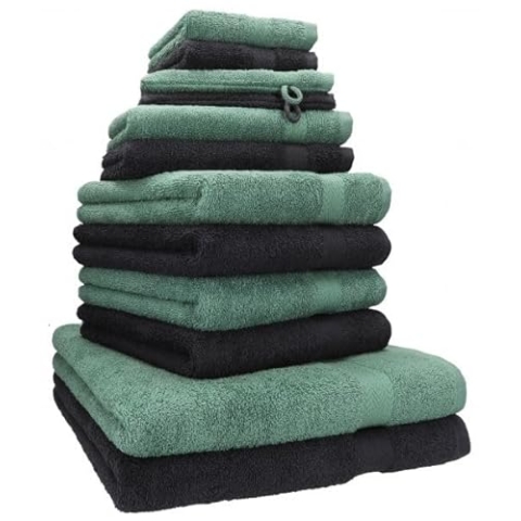Betz 12-TLG. Handtuch Set Premium 100% Baumwolle 2 Duschtücher 4 Handtücher 2 Gästetücher 2 Seiftücher 2 Waschhandschuhe Farbe Graphit/tannengrün