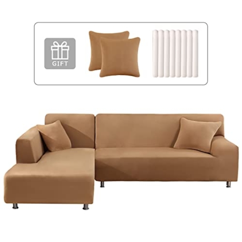 Lydevo Sofabezug Ecksofa L Form Sofa Überwürfe Stretch Sofabezug L Form Rechts oder Links mit Zwei Kissenbezügen Waschbar Universal-Couchbezug L Form Sofa Cover L Shape(3 Sitzer+3 Sitzer,Kamel)