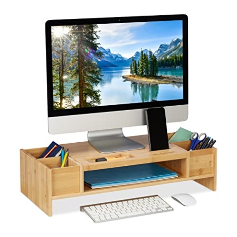 Relaxdays Soporte Monitor Bambú Monitorständer Bambus, Bildschirmerhöhung mit Fächern, HBT 15,5x62,5x28cm, Monitorunterbau Schreibtisch, Natur