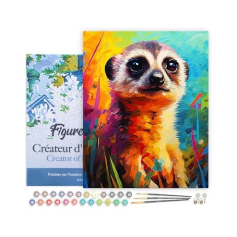 Figured'Art Malen Nach Zahlen Erwachsene Mit Rahmen Erdmännchen Farbenfroh Abstrakt - Paint by Numbers Basteln DIY Bastelset 40x50cm - Leinwand gespannt auf Holzrahmen